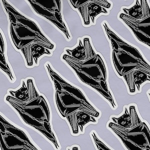 May include: Black and white illustration of a bat hanging upside down with its wings spread out. The bat is in a curled up position with its head tucked into its wings. The bat is repeated in a pattern on a light gray background.