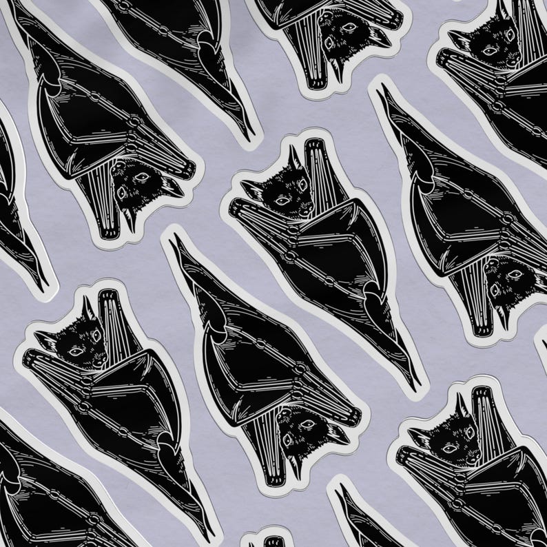 May include: Black and white illustration of a bat hanging upside down with its wings spread out. The bat is in a curled up position with its head tucked into its wings. The bat is repeated in a pattern on a light gray background.