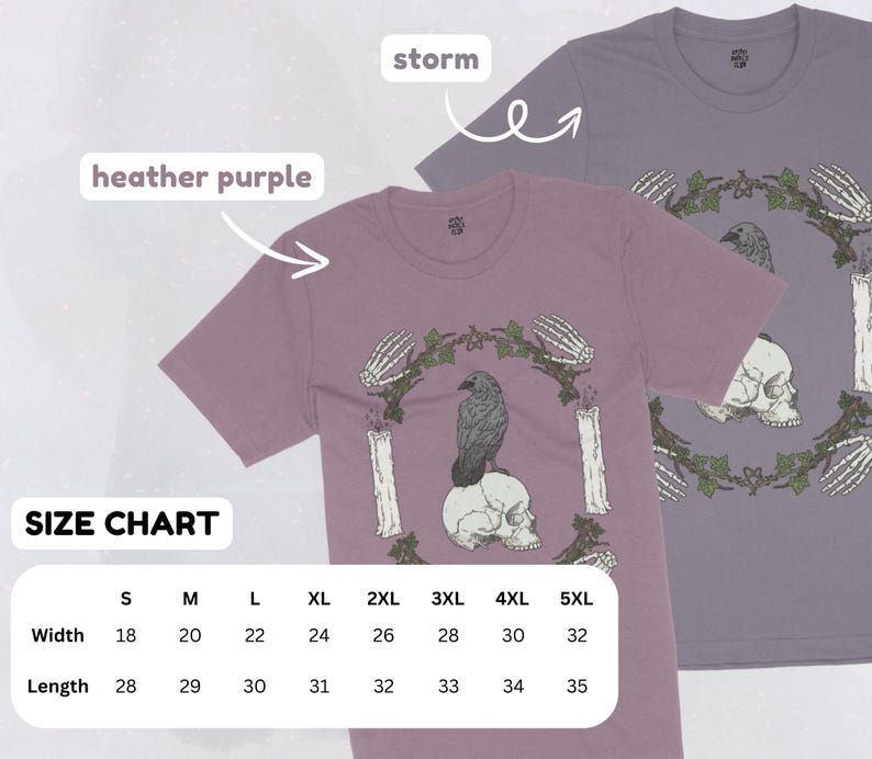 May include: Two t-shirts, one heather purple and one storm gray, featuring a gothic design. The design includes a raven perched on a skull, surrounded by candles, skeletal hands, and a leafy wreath. A size chart is also visible.