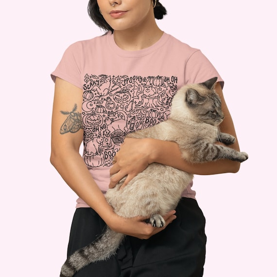 SPOOKY CATS TEE - Halloween Kitties T-Shirt, Witch Kitty Cute Halloween Short Sleeve Shirt, Black Cat Doodle Tee, Pumpkins Potions and Paws
