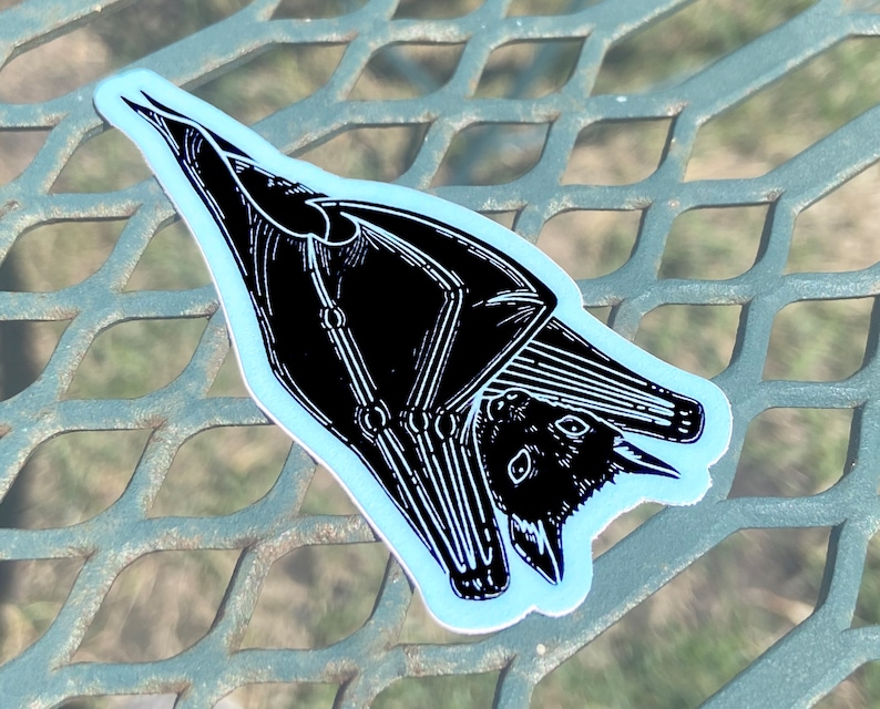 May include: Black and white line art sticker of a bat hanging upside down. The bat is in a detailed, anatomical style.
