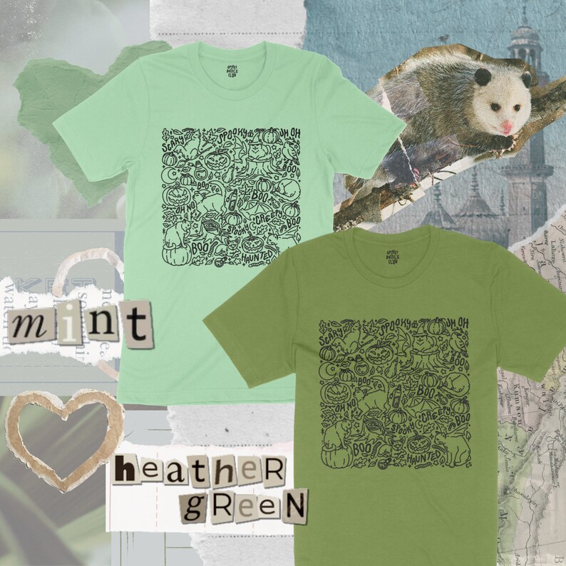 K&ouml;nnte beinhalten: Zwei T-Shirts in Mint und Heidekrautgr&uuml;n mit einem schwarz-wei&szlig;en Halloween-Motiv. Das Motiv zeigt K&uuml;rbisse, Geister, Flederm&auml;use und die Worte "Boo", "Scary", "Haunted" und "Oh No".