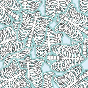 May include: A seamless pattern of white ribcages on a light blue background. The ribcages are outlined in black and are arranged in a random pattern.
