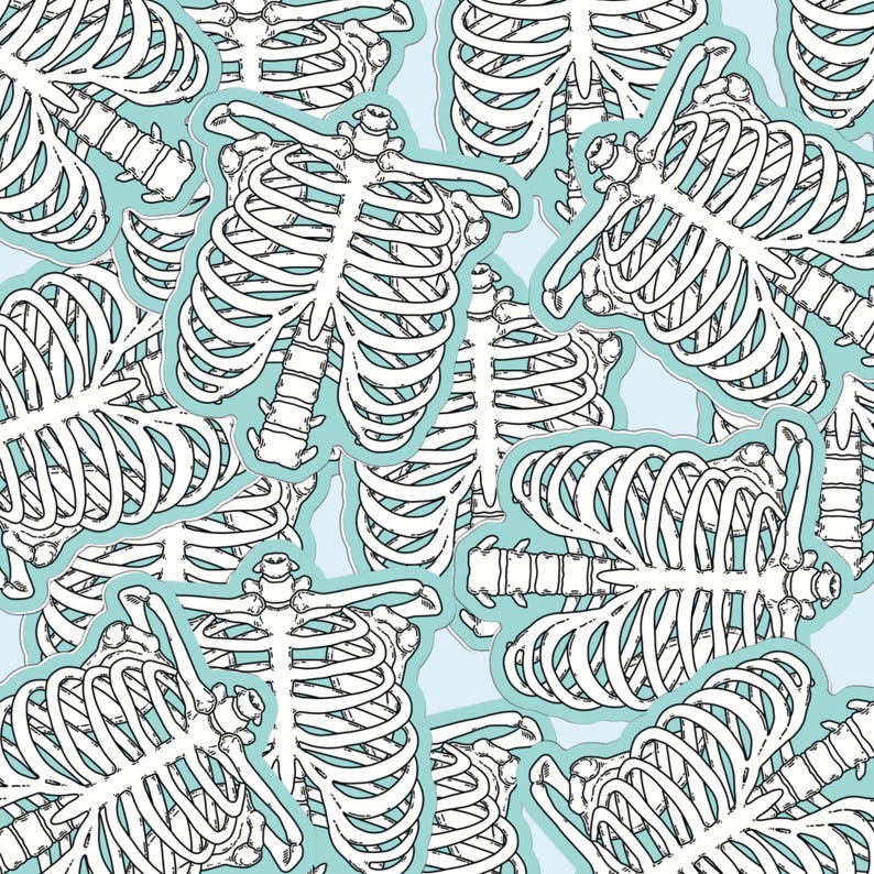 May include: A seamless pattern of white ribcages on a light blue background. The ribcages are outlined in black and are arranged in a random pattern.