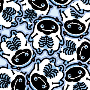 Pu&ograve; includere: Motivo ripetuto di adesivi di mostri dei cartoni animati. Ogni adesivo presenta un mostro bianco con un volto nero, occhi blu e un disegno a scheletro sul petto. Gli adesivi hanno un contorno azzurro.