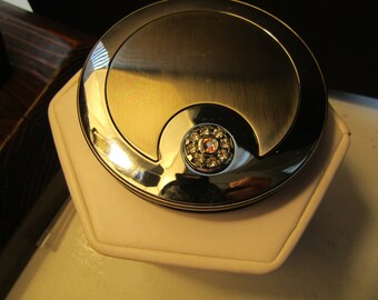 Silvertone/Brushed Silvertone Round Compact Mirror with Rhinestones