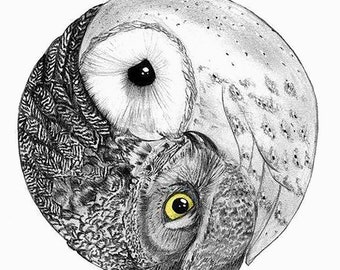 Owl Yin and Yang Art Print Taoist Art Chinese Art Black and White Wall Art Home Decor Barn Owl Night Owl Yin-Yang  Day and Night Owl Owl Gif