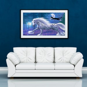 May include: A white and black spotted horse with a long white mane and tail runs through a purple and blue forest. A black and white cat with wings flies behind the horse.