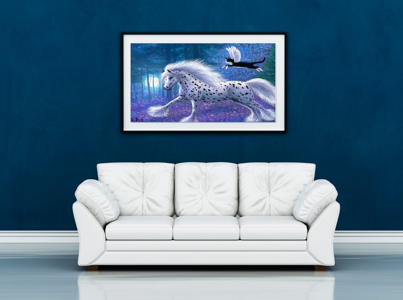 May include: A white and black spotted horse with a long white mane and tail runs through a purple and blue forest. A black and white cat with wings flies behind the horse.