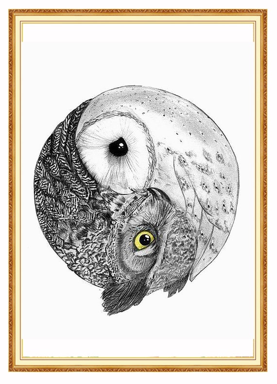 Owl Yin And Yang Art Print Taoist Art Chinese Art Black And Etsy