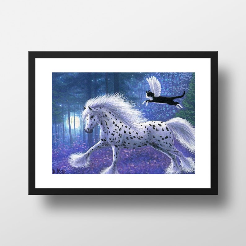 May include: A white and black spotted horse with a long white mane and tail runs through a purple forest. A black and white cat with wings flies above the horse.