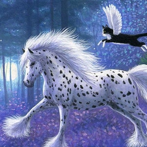 May include: A white horse with black spots runs through a purple forest. A black cat with white markings and wings flies behind the horse.