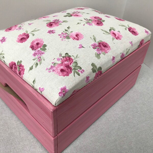 Hand Painted Wooden Storage Box with Upholstered Floral Print Fabric Lid