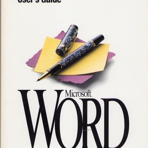May include: A User's Guide cover featuring a black and gold fountain pen with a marbled blue design, resting on a yellow sticky note and a purple paper. The Microsoft Word logo is prominently displayed.