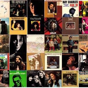 Puede incluir: Una colección de portadas de álbumes de vinilo vintage. Las portadas presentan varios artistas y títulos de álbumes, mostrando diversos géneros musicales. El arte del álbum incluye retratos, fotos de bandas y diseños gráficos, con una gama de colores y estilos.