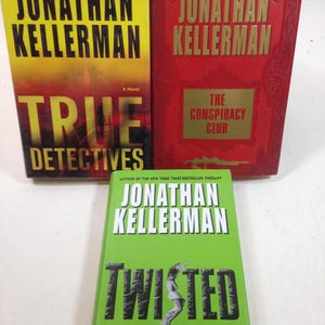 Könnte beinhalten: Drei Bücher von Jonathan Kellerman sind abgebildet. Die Buchcover sind gelb, rot und grün. Die Titel lauten "True Detectives", "The Conspiracy Club" und "Twisted". Der Name des Autors ist auf jedem Cover prominent platziert.