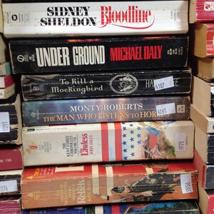 May include: A stack of vintage paperback books with titles including "Cellmates," "Bloodline," "Under Ground," and "To Kill a Mockingbird." The books have worn covers in various colors, with visible titles and author names.