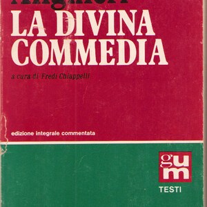 May include: A book titled Dante Alighieri La Divina Commedia, a cura di Fredi Chiappelli, edizione integrale commentata. The cover is divided into a deep red top section with black and white text and a green bottom section with Mursia.