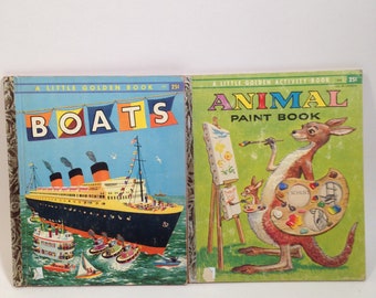 2 petits livres d'or vintage des années 1950 : bateaux et livre de peinture d'animaux 0424