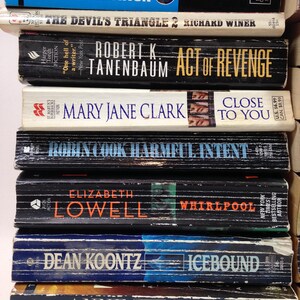 May include: A stack of paperback books with titles including "Sphere" by Michael Crichton, "Act of Revenge" by Robert K. Tanenbaum, and "Icebound" by Dean Koontz. The books have various colors and designs, with visible author names and book titles.