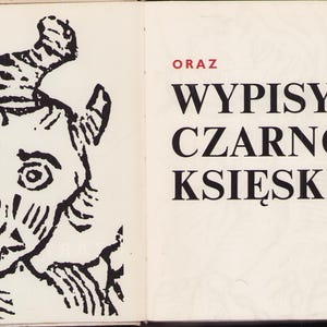 May include: An open book with a black and white illustration of a horned creature on the left page. The right page has the word "ORAZ" in red, and the title "WYPISY CZARNO-KSIĘSKIE" in black.