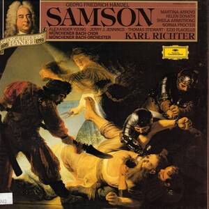 May include: A vintage vinyl record album cover for "Samson" by Georg Friedrich Handel, featuring a painting of a dramatic biblical scene. The cover includes text with the names of the performers and the conductor Karl Richter.