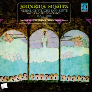 Pode incluir: Capa do álbum para Kleine Geistliche Konzerte de Heinrich Schütz. A arte apresenta uma figura central em vestes brancas, anjos tocando trompete e um coro de rostos cantando. O título do álbum e o nome do artista são exibidos na parte superior.