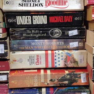 May include: A stack of vintage books with titles including "Cellmates," "Bloodline," and "To Kill a Mockingbird." The spines display various colors and fonts, with price tags and library stickers visible. The books are stacked together, suggesting a collection.