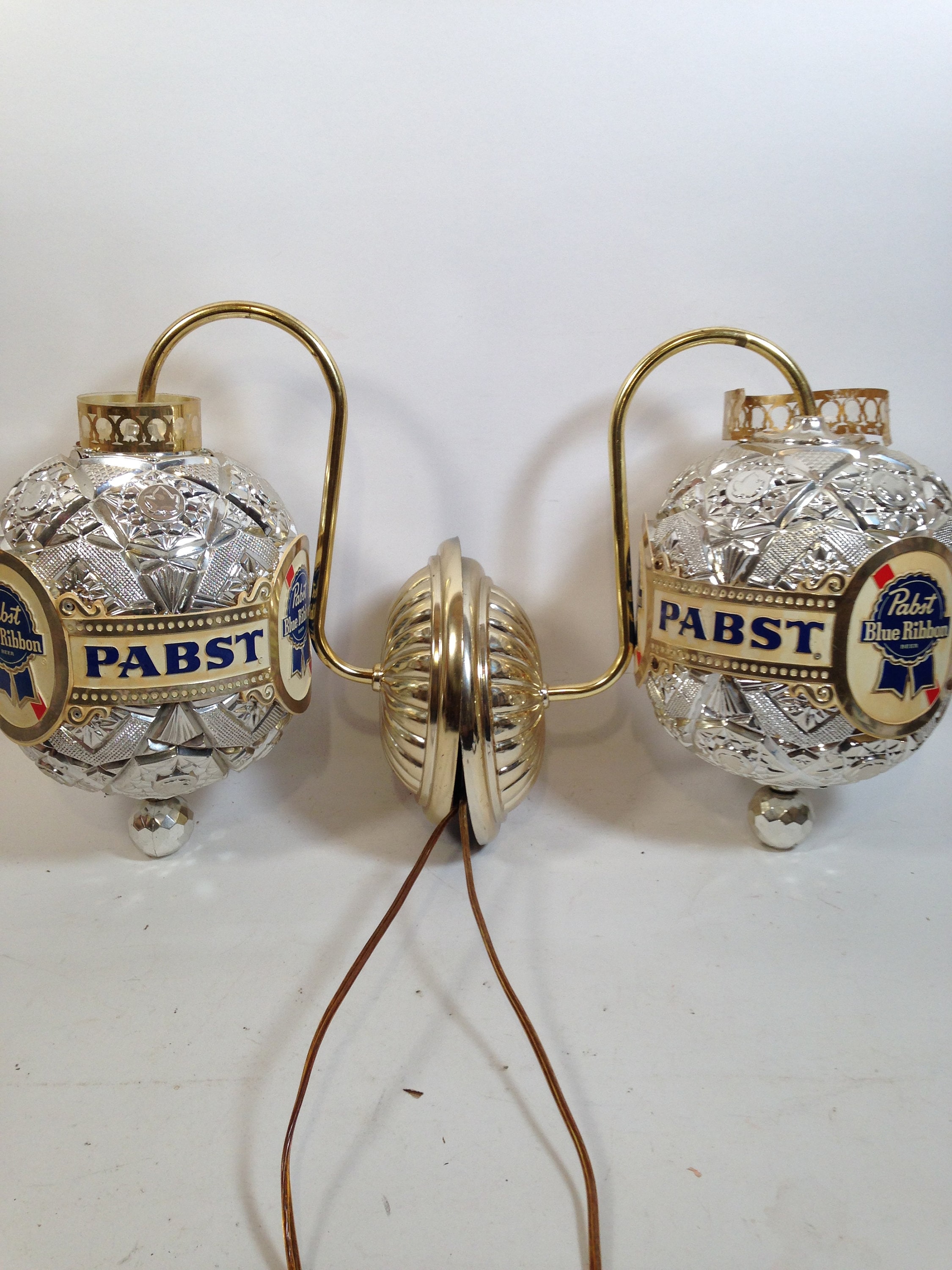 Vintage Two Pabst Blue Ribbon Beer Spinning Lighted Wall Sconces 