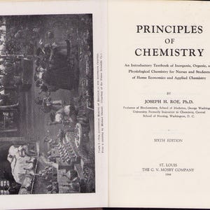 May include: The cover of a vintage textbook titled 'Principles of Chemistry.' The book is open, revealing a black and white image of a laboratory scene on the left page. The right page displays the title in large, bold letters, followed by the subtitle, author's name, and publisher information. The sixth edition is noted, along with the year 1944.