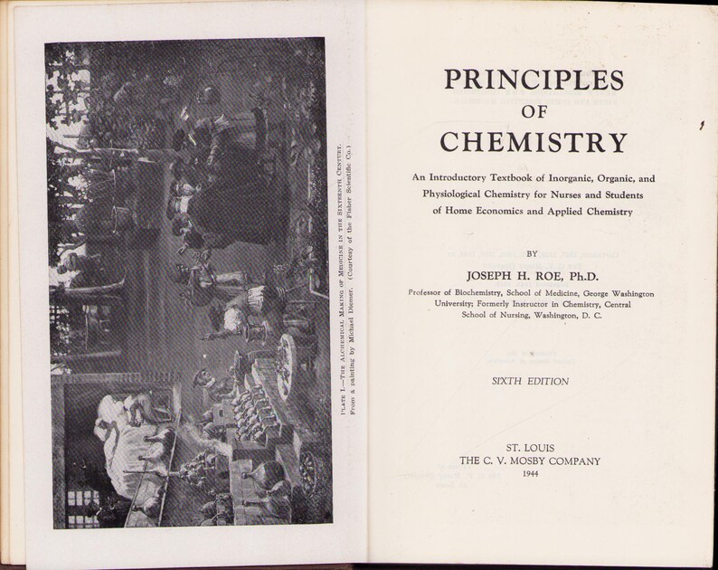 May include: The cover of a vintage textbook titled 'Principles of Chemistry.' The book is open, revealing a black and white image of a laboratory scene on the left page. The right page displays the title in large, bold letters, followed by the subtitle, author's name, and publisher information. The sixth edition is noted, along with the year 1944.