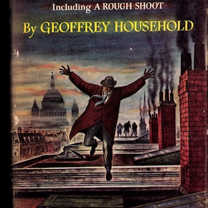 May include: Vintage book cover for "A Time to Kill" by Geoffrey Household. The illustration depicts a man in a red coat running across a rooftop, arms outstretched, with a cityscape and smokestacks in the background.