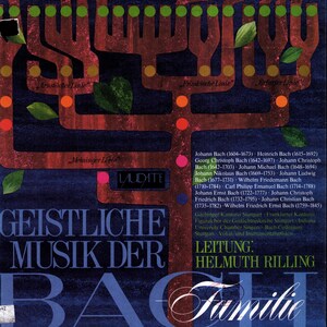 Pode incluir: Uma capa de álbum quadrada com um fundo azul escuro e um gráfico de árvore vermelho estilizado. Os ramos da árvore contêm círculos coloridos e folhas verdes. O texto inclui "GEISTLICHE MUSIK DER BACH FAMILIE" e "LEITUNG: HELMUTH RILLING" com uma lista de nomes.