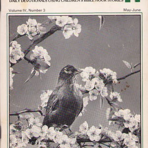 Könnte beinhalten: Ein Heft mit dem Titel Keys for Kids, Volume IV, Number 3, May-June, mit dem Text Daily Devotionals Using Children's Bible Hour Stories. Das Cover zeigt ein Schwarz-Weiß-Foto eines Vogels, der auf einem blühenden Ast sitzt.