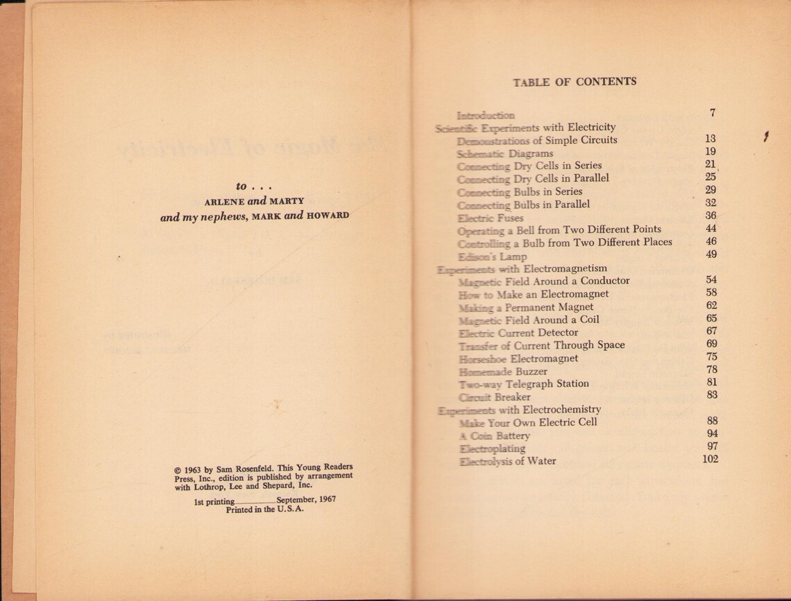 Sam Rosenfeld Vintage Book: the Magic of Electricity - 100 Experiments With Batteries ...