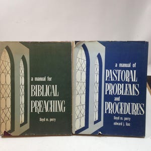 May include: Two vintage books with matching architectural designs. The book on the left is green with the title "a manual for BIBLICAL PREACHING" and the author's name. The book on the right is blue with the title "a manual of PASTORAL PROBLEMS and PROCEDURES".