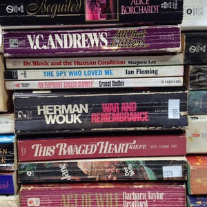 May include: A stack of vintage paperback books with titles like "Beguiled," "War and Remembrance," and "This Ravaged Heart." The books have colorful covers and varying sizes, showcasing a collection of classic literature.