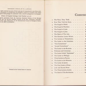 K&ouml;nnte beinhalten: Aufgeschlagenes Buch mit Inhaltsverzeichnis auf der rechten Seite, darunter Kapitel wie "The Letter to the Romans" und "Philemon and Colonians". Die linke Seite zeigt Copyright-Informationen.
