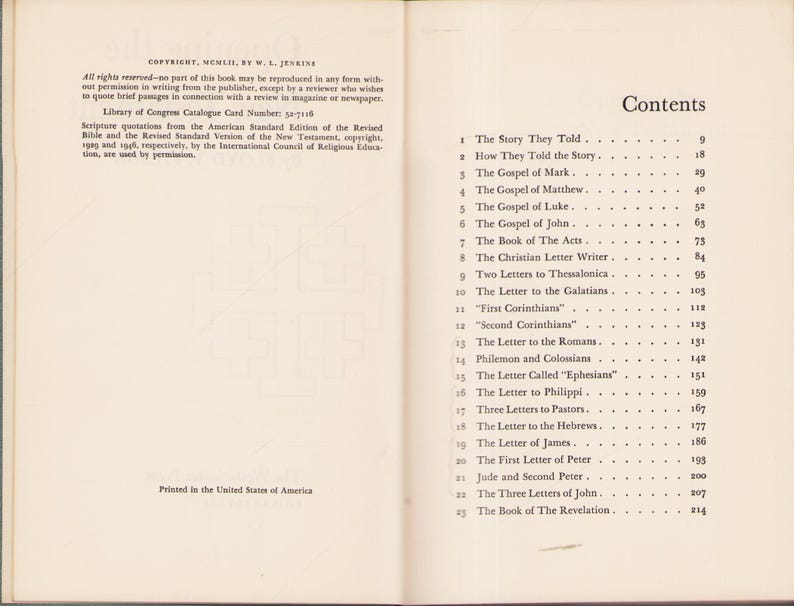 K&ouml;nnte beinhalten: Aufgeschlagenes Buch mit Inhaltsverzeichnis auf der rechten Seite, darunter Kapitel wie "The Letter to the Romans" und "Philemon and Colonians". Die linke Seite zeigt Copyright-Informationen.
