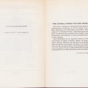 May include: Open book pages with text. The left page reads "BLACK METHODISM BASIC BELIEFS" and copyright information. The right page has the title "THE GENERAL FORMAT FOR THIS PRESENTATION" and descriptive text about the book's purpose.