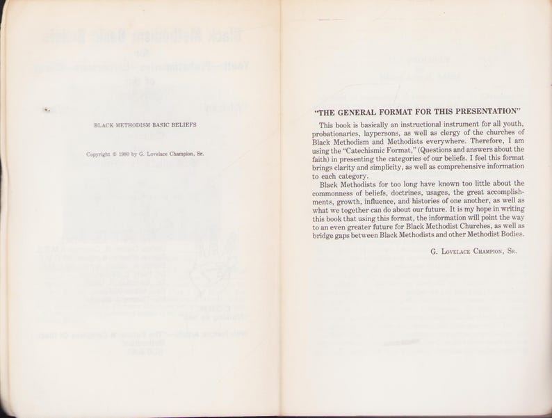 May include: Open book pages with text. The left page reads "BLACK METHODISM BASIC BELIEFS" and copyright information. The right page has the title "THE GENERAL FORMAT FOR THIS PRESENTATION" and descriptive text about the book's purpose.