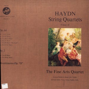 May include: A vintage record album cover for Haydn String Quartets, Volume IX, featuring a classical painting of people in a garden. The album cover is brown with white text and the text "The Fine Arts Quartet".