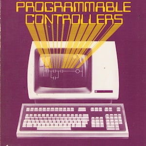 May include: A book cover featuring the title "TECHNICIAN'S GUIDE TO PROGRAMMABLE CONTROLLERS" in yellow, with a retro computer illustration. The author's name, Richard A. Cox, is at the bottom. The background is a deep purple.