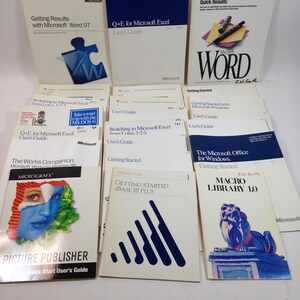 May include: A selection of old Microsoft software manuals and guides. Titles include "Getting Results with Microsoft Word 97," "Q+E for Microsoft Excel," and "Picture Publisher." The covers display various graphics and text.