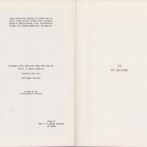 May include: An open book with two pages. The left page has text about compliance with government regulations for conserving paper and other essential materials, copyright information, and printing details. The right page has the text 'TO MY MOTHER'.