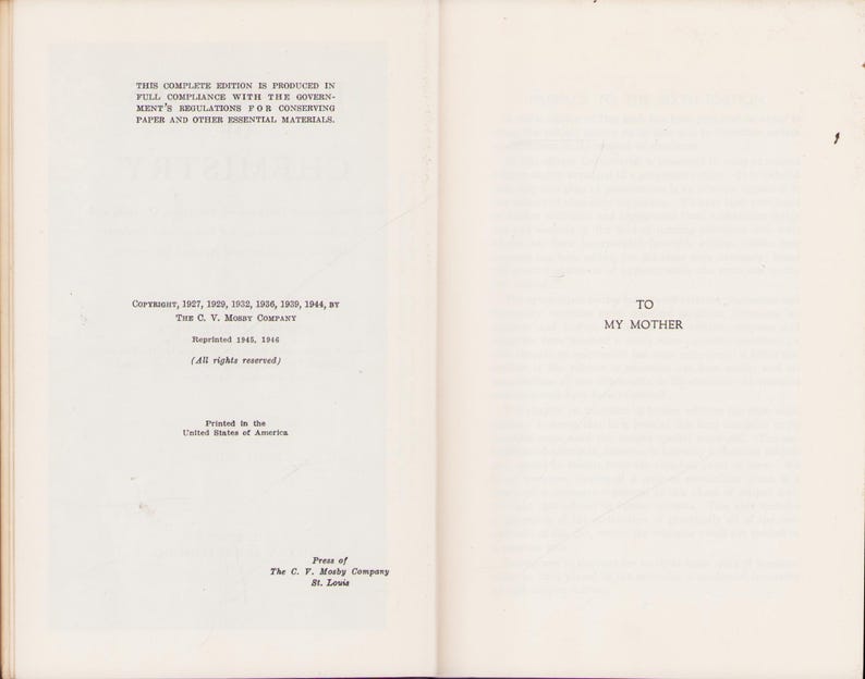 May include: An open book with two pages. The left page has text about compliance with government regulations for conserving paper and other essential materials, copyright information, and printing details. The right page has the text 'TO MY MOTHER'.