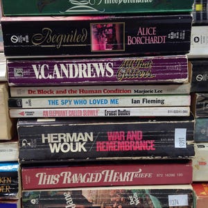 May include: A stack of vintage paperback books with titles including "Devoted," "Beguiled," and "War and Remembrance." The books have various colors and designs, with visible author names and publisher logos.