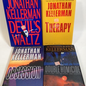 May include: Four paperback books by author Jonathan Kellerman. The titles are "Devil's Waltz", "Therapy", "Obsession", and "Double Homicide". All books are part of the Alex Delaware series.