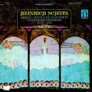Pode incluir: Capa de álbum de vinil vintage para "Heinrich Schütz: Kleine Geistliche Konzerte". A capa apresenta uma ilustração de uma cena religiosa com figuras, anjos e texto. O álbum é um conjunto de 2 discos, com o logotipo nonesuch.