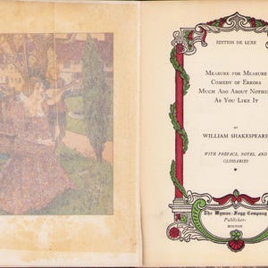 May include: Open book with an illustration on the left page and text on the right. The illustration depicts a scene with figures in a garden. The right page features text including "Measure for Measure" and "William Shakespeare."